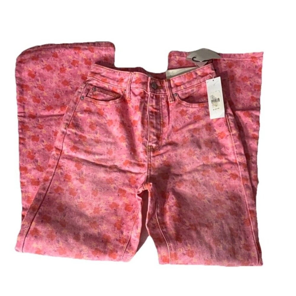BDG Urban Outfitters High Rise Flare Jeans Pink Floral Print Size 26 Retro Y2K